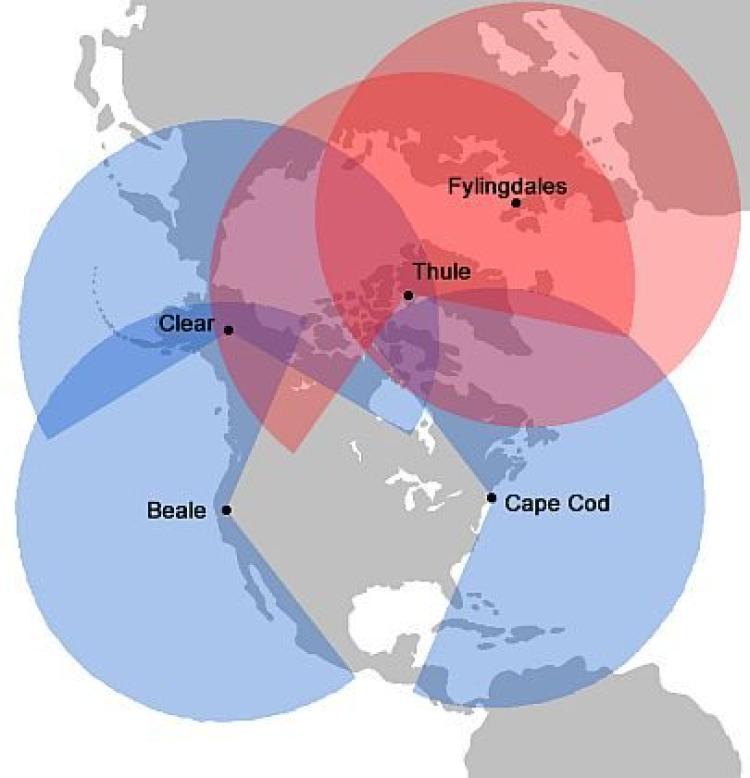 A map of the three BMEWS sites (Clear Air Force Station, Alaska; Thule Air Base, Greenland; Fylingdales, United Kingdom) and two PAVE Phased Array Warning System sites (Beale Air Force Base, California and Cape Cod Air Force Station, Massachusetts) designed to detect incoming ballistic missiles. Credit U.S. government.