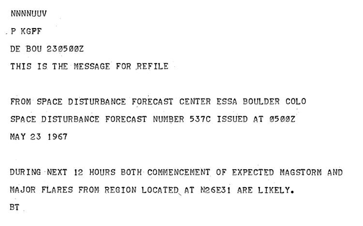 1967 solar storm ESSA report May 23: A report of solar activity on May 23 from the Space Disturbance Forecast Center, a civilian forecasting center at the Environmental Science Services Administration (now NOAA). Credit: ESSA/NOAA.