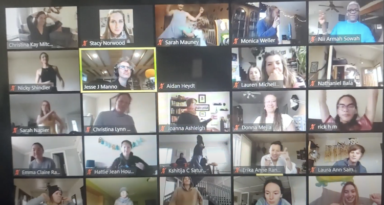 Students dancing over zoom