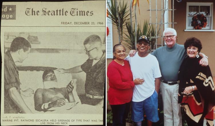 Newspaper clipping of Raymond Escalera injury; Pete and Juli Steinhauer with Esclera and wife