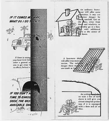 reproduction of two pages of a civil-defense brochure from the 1950s. This exemplifies the "duck and cover" advice the government offered citizens as a means to survive a nuclear attack.