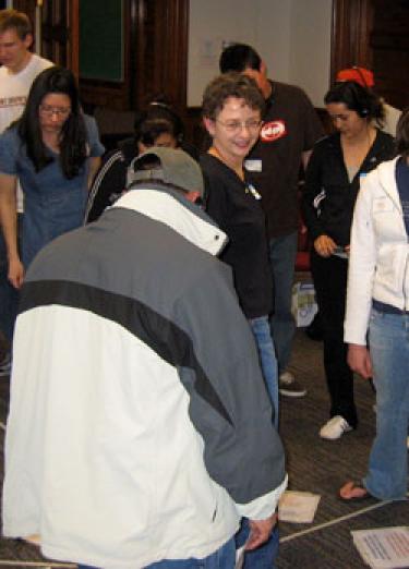 Ellen Aiken, a Sewall instructor, conducts a group exercise in cultural diversity.