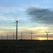 A bunch of wind turbines at sunset.