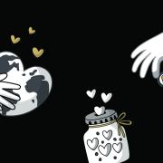 From left to right, graphics of hands holding heart-shaped Earth, graphics of heart coming out from a piggy bank and graphics of a hand donating a coin in a black background.