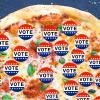 Vote stickers in place of pepperoni on a pizza