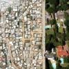 illustration showing archaeological maps of housing size with present-day housing seen from above