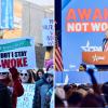 pro-woke sign at march in Calgary, Canada; anti-woke sign behind Donald Trump at 2022 CPAC
