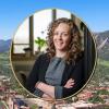 portrait of Jennifer Hill over aerial view of CU Boulder campus