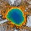aerial view of colorful hot pool at Yellowstone National Park