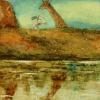 painting of animals at a pond