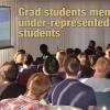 Mathis Habich, a graduate student in physics (standing in front of screen), gives a presentation to a full house on the top floor of the Gamow Tower as part of the CU-Prime Talks series, which introduce undergraduate students to the day-to-day lives of researchers.