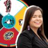 Natasha Myhal with a Marie Tribe of Chippewa flag in the background.