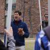 Peter Hunt, associate professor and chair of classics, demonstrates a mock blood sacrifice during a spear-and-formation exercise in his Alexander the Great and the Rise of Macedonia class. Photo by Noah Larsen.