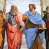 Plato and Aristotle walking and disputing