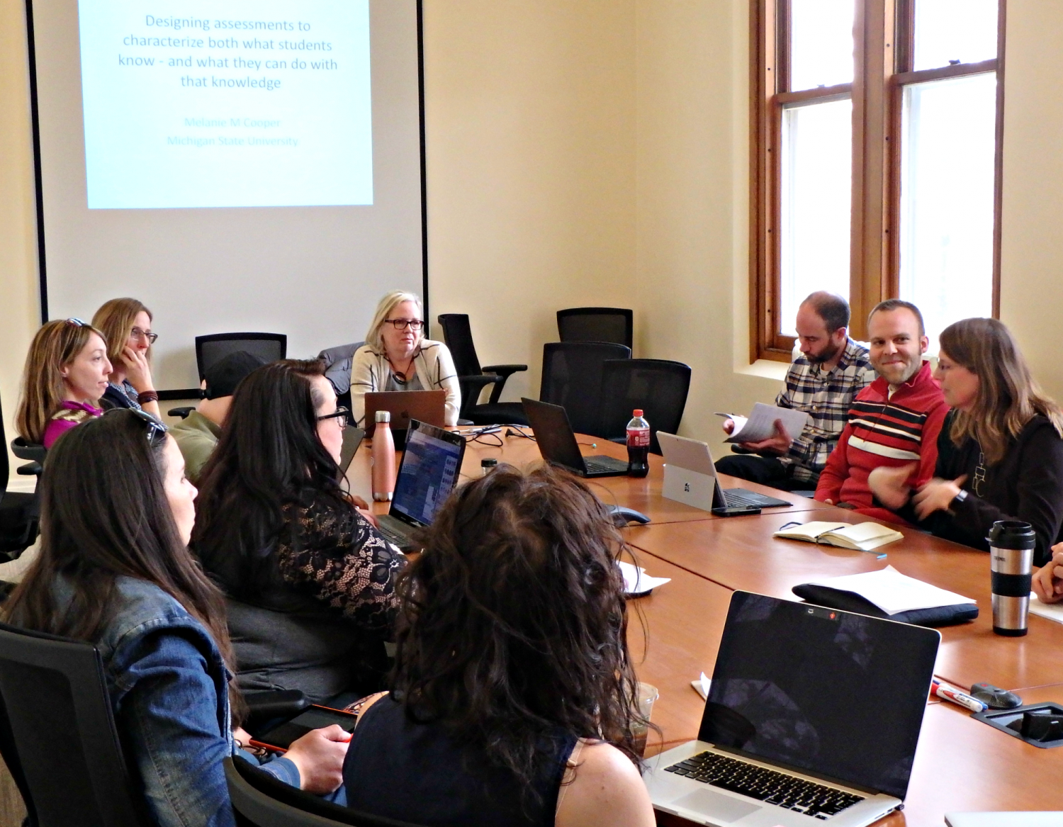 Melanie Cooper speaks to a group of Faculty Fellows seated around a large table