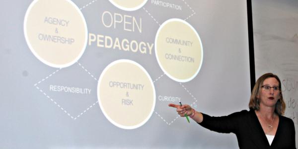 Amanda McAndrew presents a model that positions open pedagogy at the intersection of access and equity; agency and ownership; community and connection; and opportunity and risk.