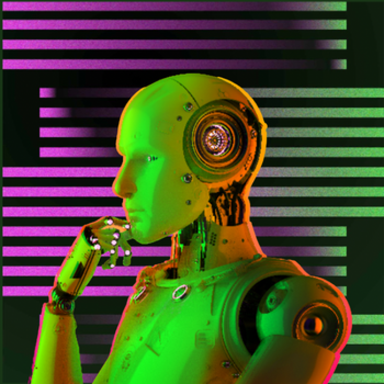 a robot with its hand on its chine and ChatGPT logo coloring in the background