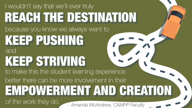 Featured Podcast Quote: "I wouldn't say that we'll ever truly reach the destination because you know we always want to keep pushing and keep striving to make this student learning experience better. There can be more involvement in their empowerment and creation of the work they do" -Caroline Sinkinson