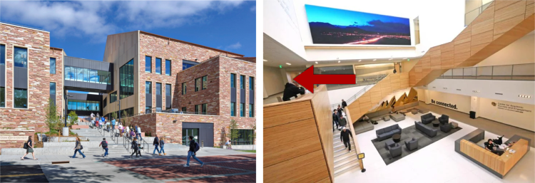 Outside and inside of CASE Building with arrows directing to ASSETT Office