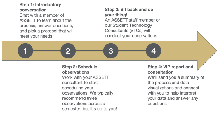 The VIP service includes four steps: An introductory conversation to discuss the process and select a protocol; scheduling the observations; having your class observed; and receiving a report and final consultation to review the results.