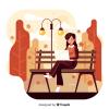 Cartoon of a woman using a laptop in a park during fall