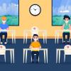 Cartoon of students in a physically distanced classroom setting