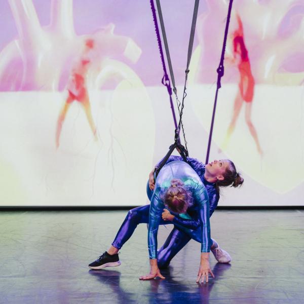 aerial artists performing in front of a video projection of dancers