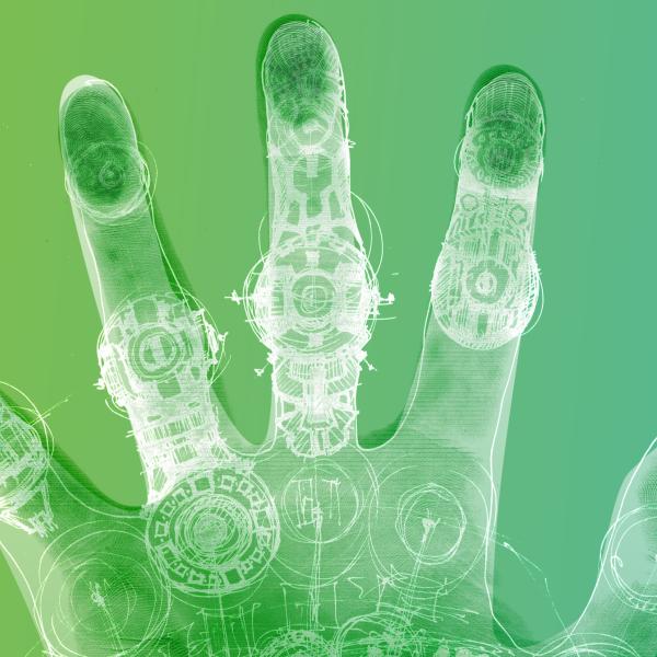 Hand with white sketches of cybernetics overlaid