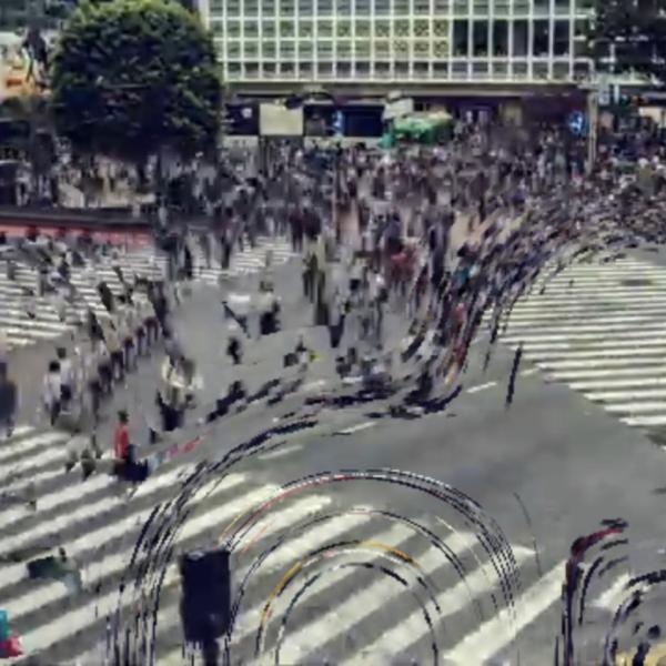 Digitally manipulated scene of busy pedestrian intersection