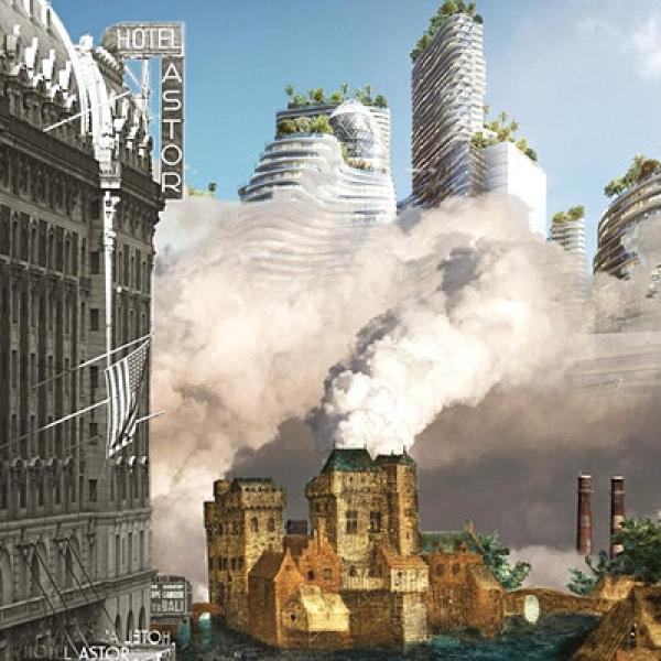 illustration of storm passing over city buildings