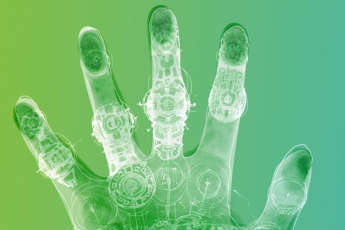 Hand with white sketches of cybernetics overlaid