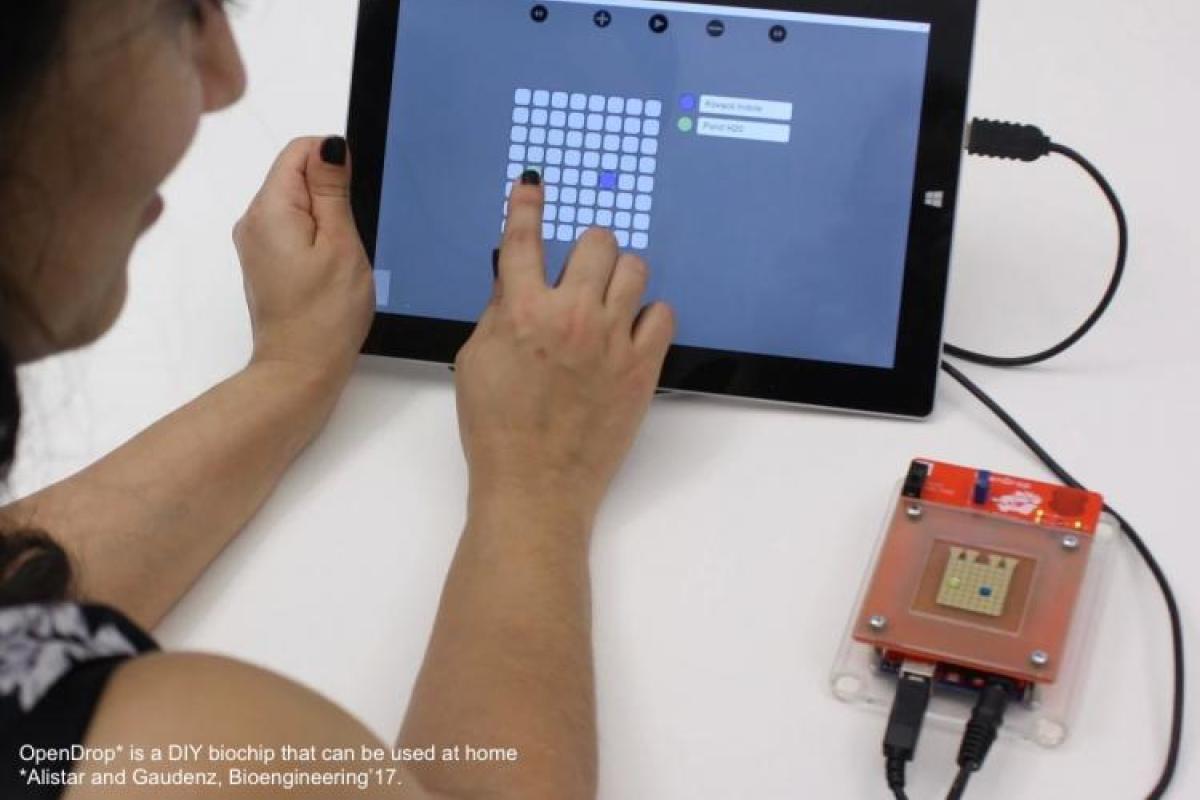 Person using a tablet to control droplets on the OpenDrop biochip