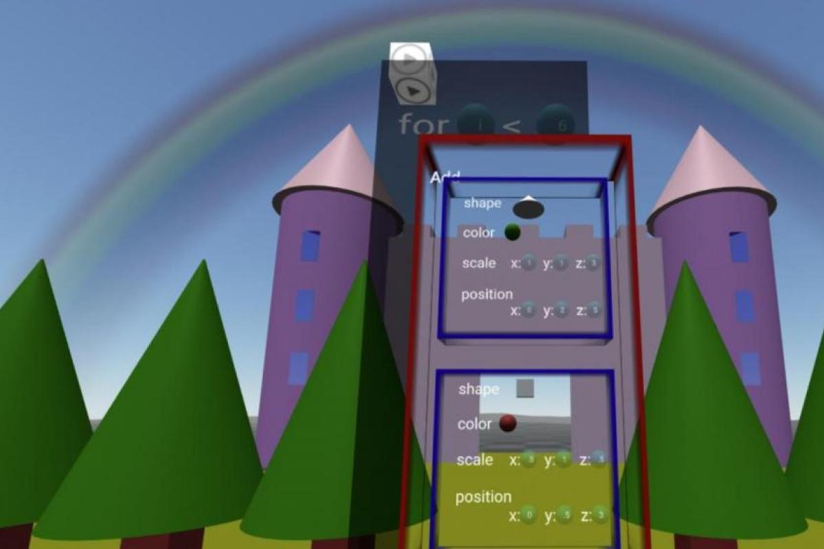 Animated view of a castle with trees around it, as well as showing where variables are chosen in the VR world of Popo