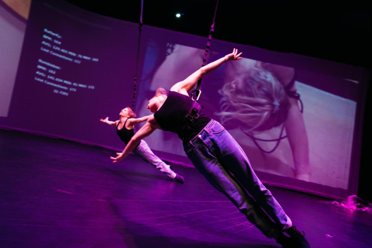 person doing aerial dance while attached to a harness