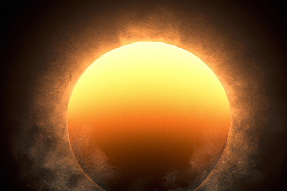a sun like orb emerging from a dark cloudy background
