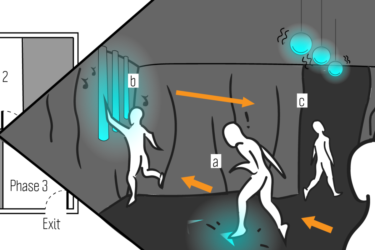 The user navigates a pitch-black escape room, guided solely by bioluminescent algae.