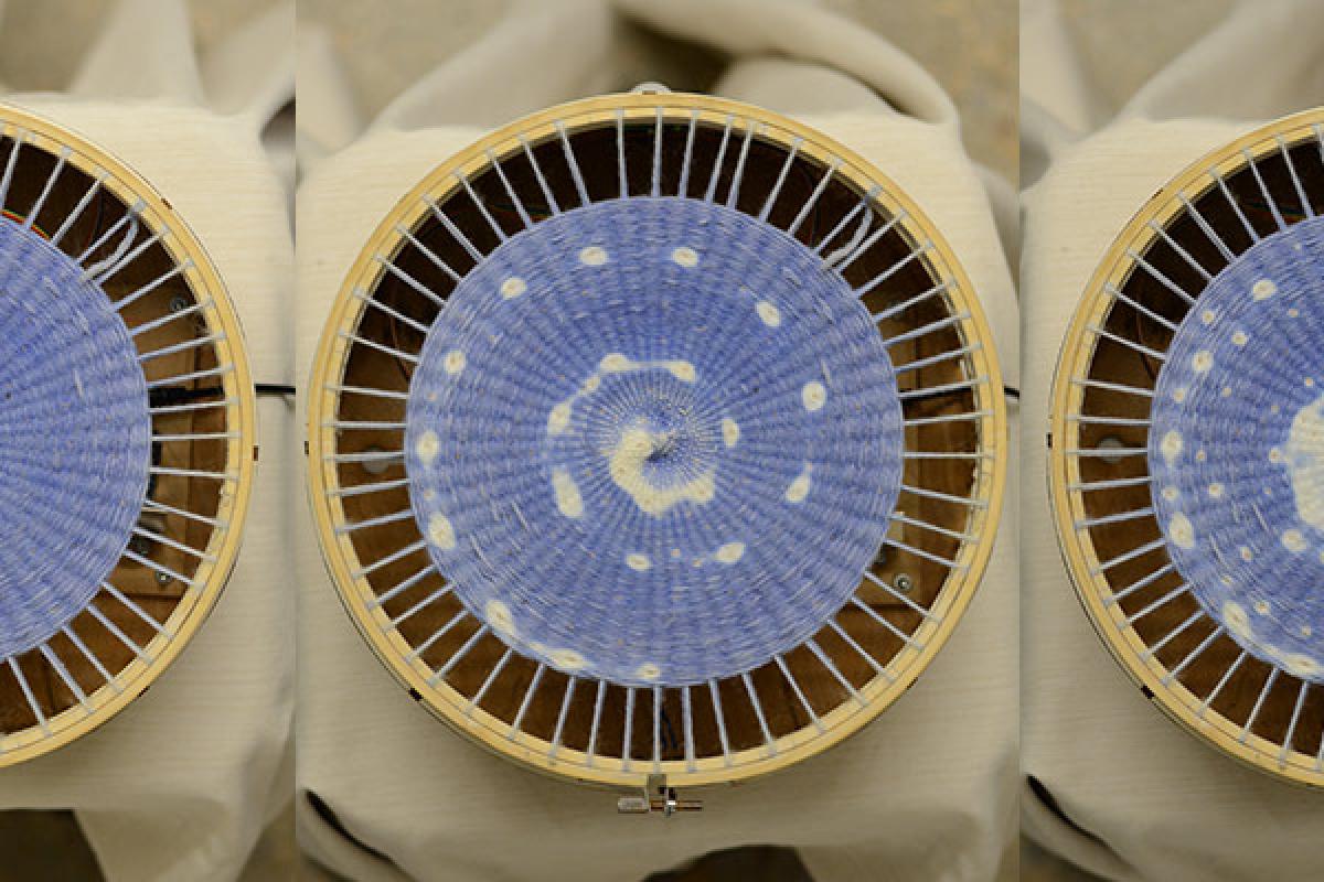 Photos of woven textile changing colors from blue to white