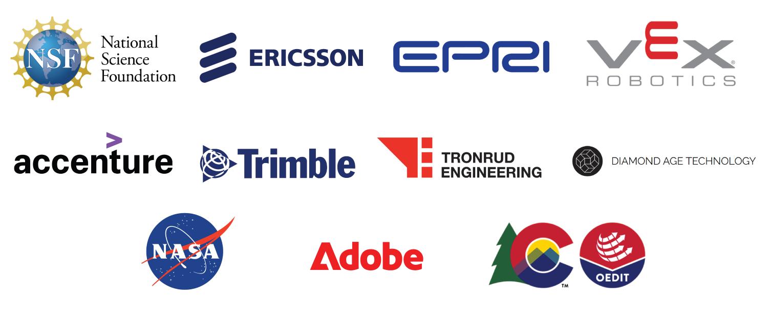 ATLAS Sponsor Logos including NSF, Ericsson, EPRI, VEX Robotics, Accenture, Trimble, Tronrud Engineering, Diamong Age Technology, NASA, Adobe and the State of Colorado