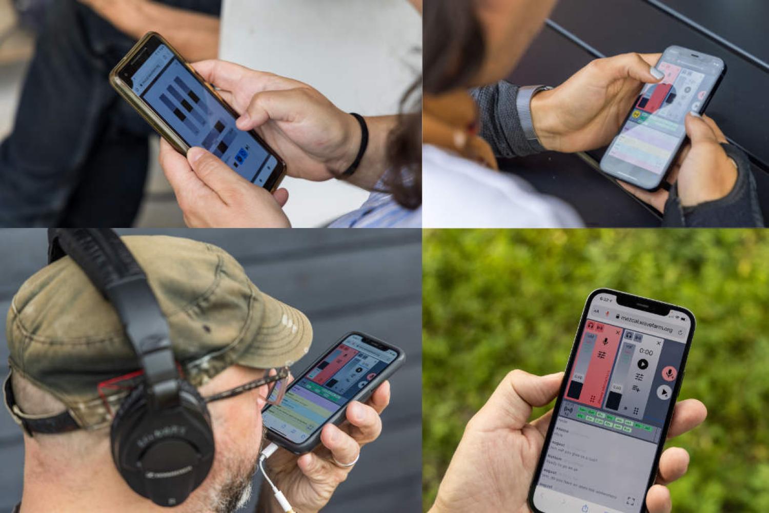 Images of various people's hands while they're using the Mezcal app.