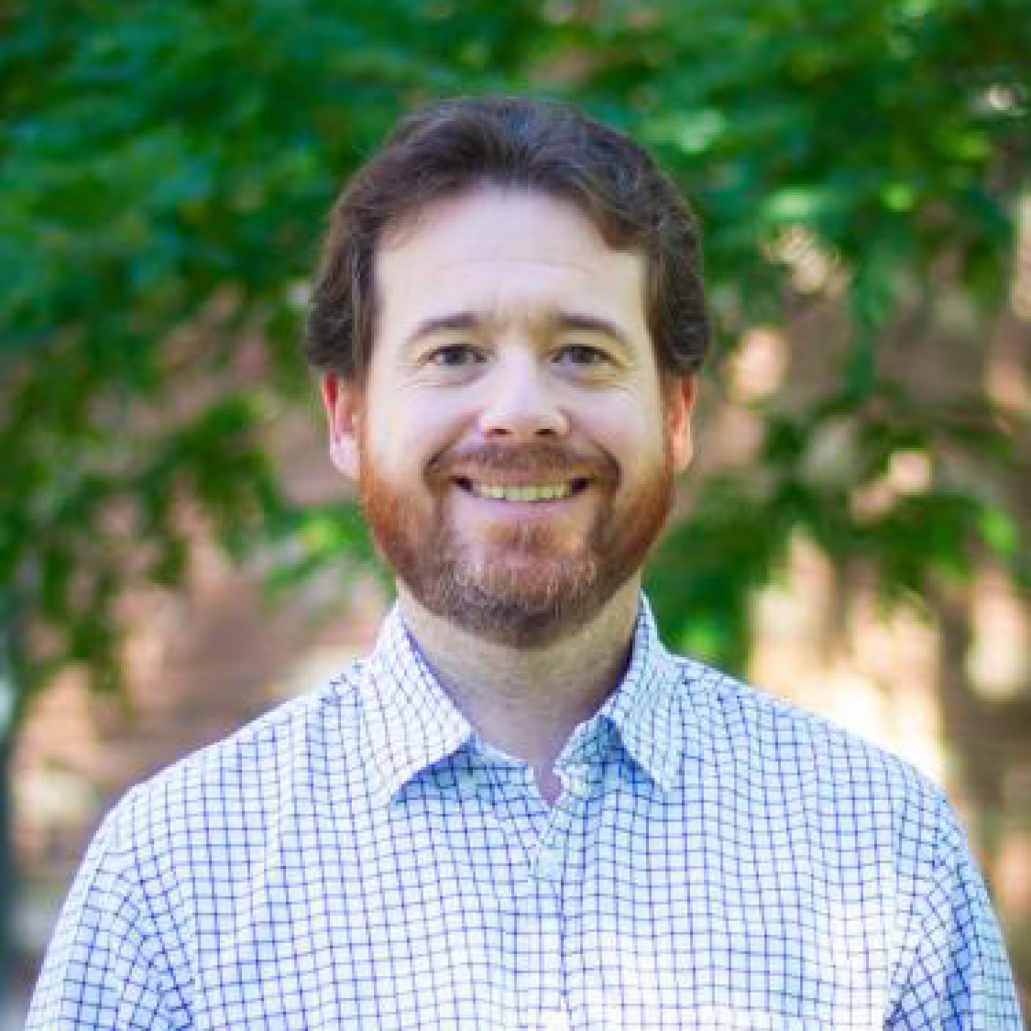 Profile of a white man with short auburn hair and beard, smiling.