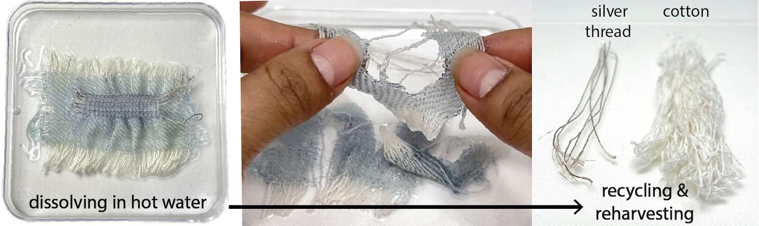 Moisture sensor dissolving in hot water and component silver and cotton threads remaining