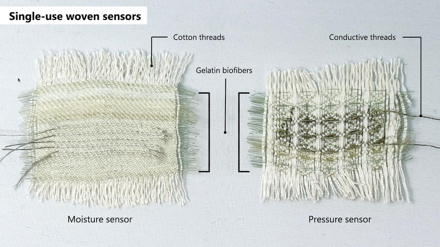 Woven samples of a moisture sensor and pressure sensor including cotton threads, conductive threads and gelatin fibers