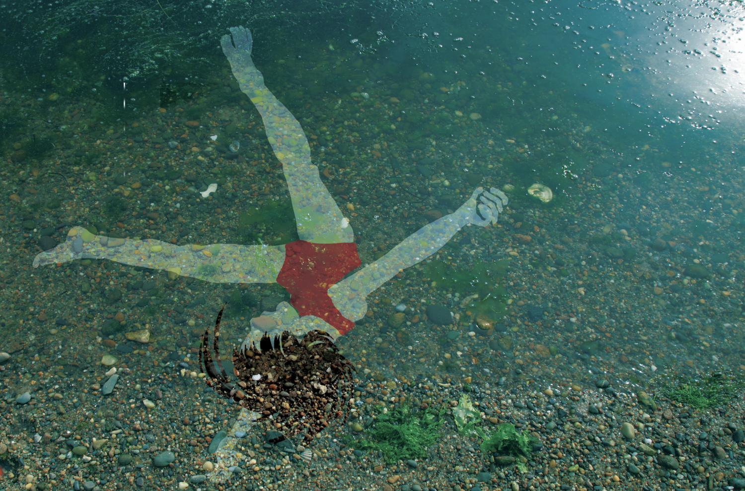 Clear blue water with a visible rocky bottom. An image of a white person in a red one piece swimsuit with short brown hair is drawn over, transparent.