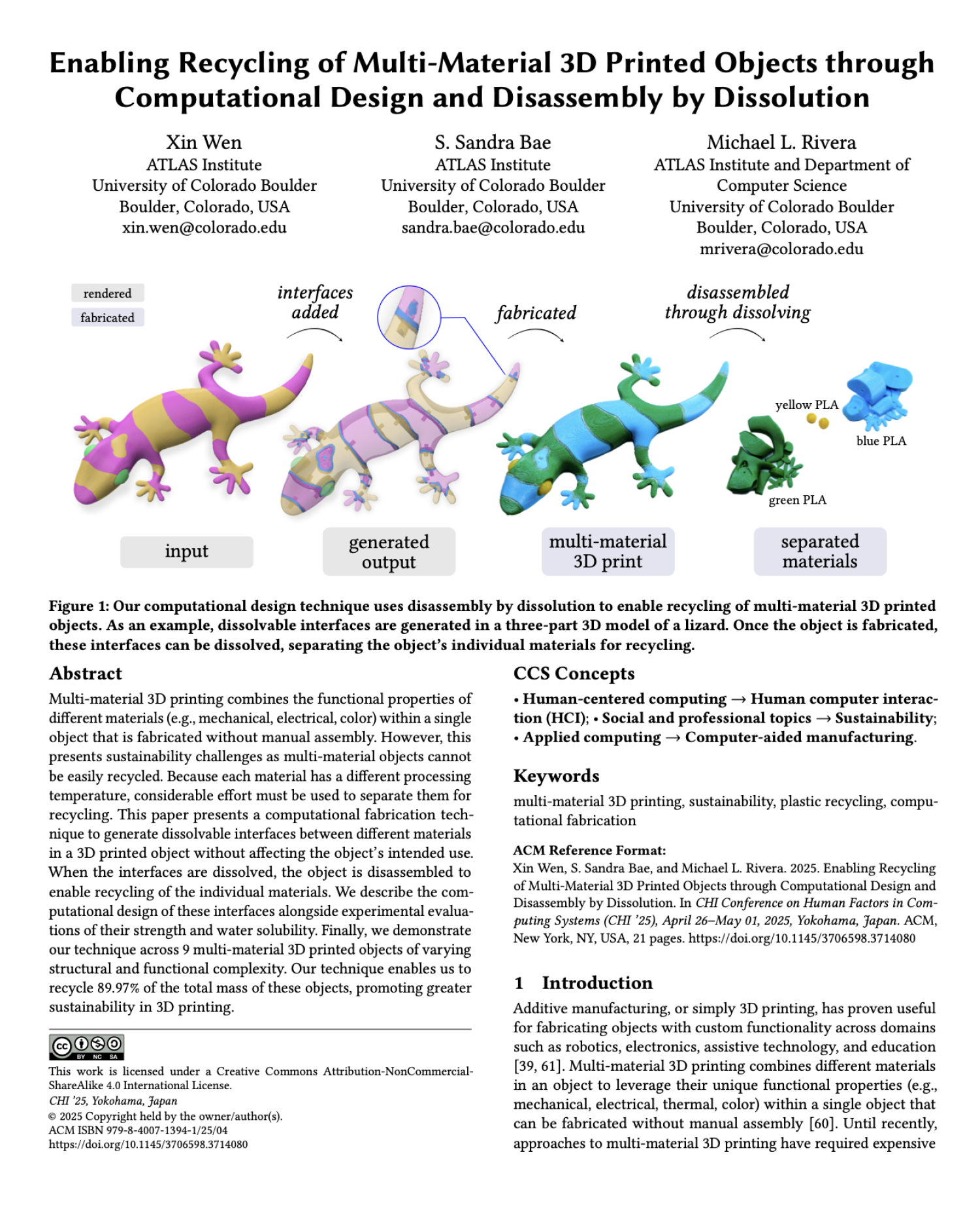 Enabling Recycling of Multi-Material 3D Printed Objects through Computational Design and Disassembly by Dissolution