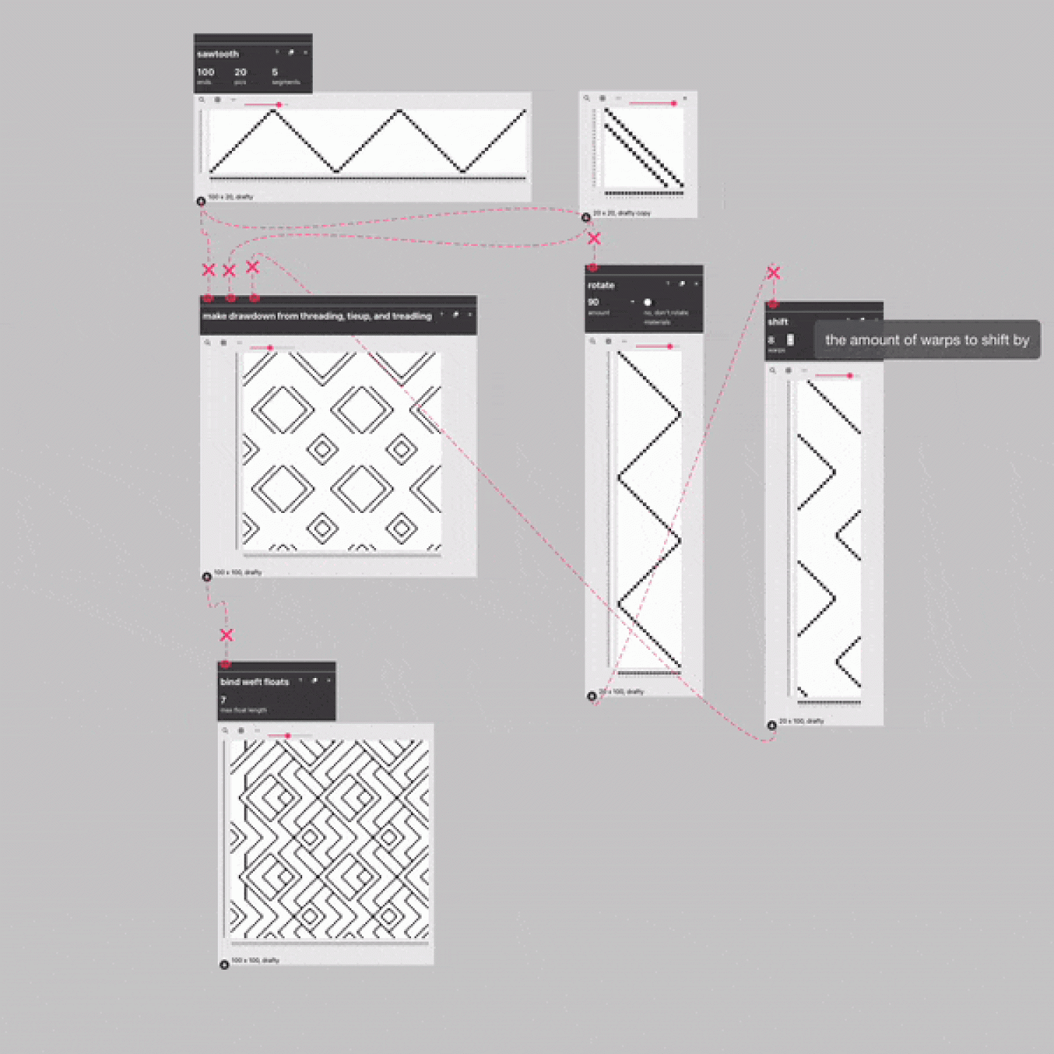 an animation showing how AdaCAD software can create complex weaving patterns by altering individual elements
