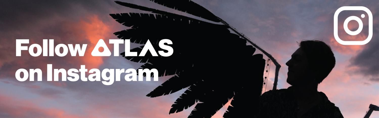 A graphic that links to the ATLAS Instagram handle featuring a student wearing articulating wings