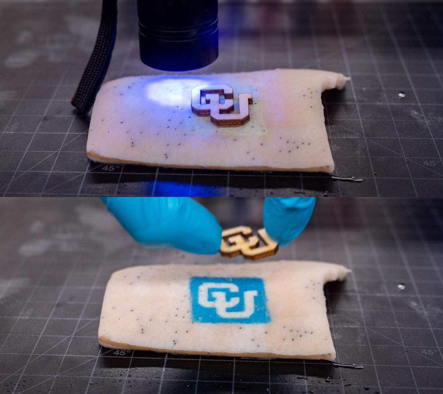 Before and after: exposing a CU logo on pig skin activated by UV light.