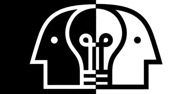 illustration of black and white heads converging with a lightbulb