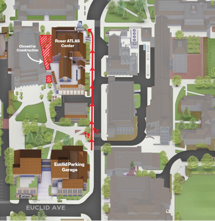 Map indicating to walk north from Euclid Parking Garage along Colorado Ave to get to ATLAS