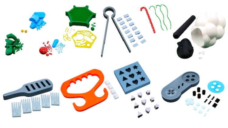 A set of 3D printed objects and their separated parts